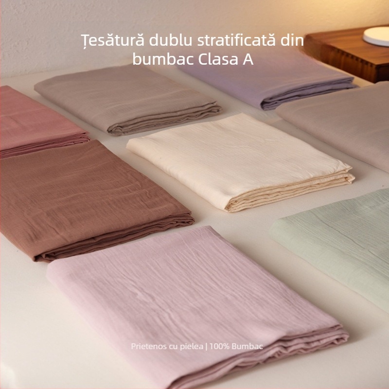 Set de lenjerie de pat din bumbac A, muselină dublu-strat din bumbac, culoare uni, include husă de pilotă, cearșaf și fețe de pernă