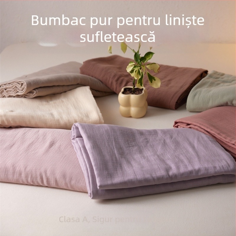 Set de lenjerie de pat din bumbac A, muselină dublu-strat din bumbac, culoare uni, include husă de pilotă, cearșaf și fețe de pernă
