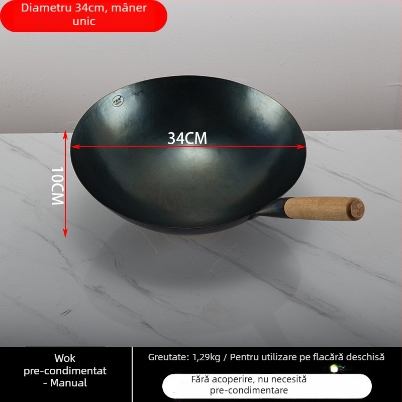 Lu Run wok din fontă, neacoperit, cu fund gros, bază mare, pentru bucătării comerciale