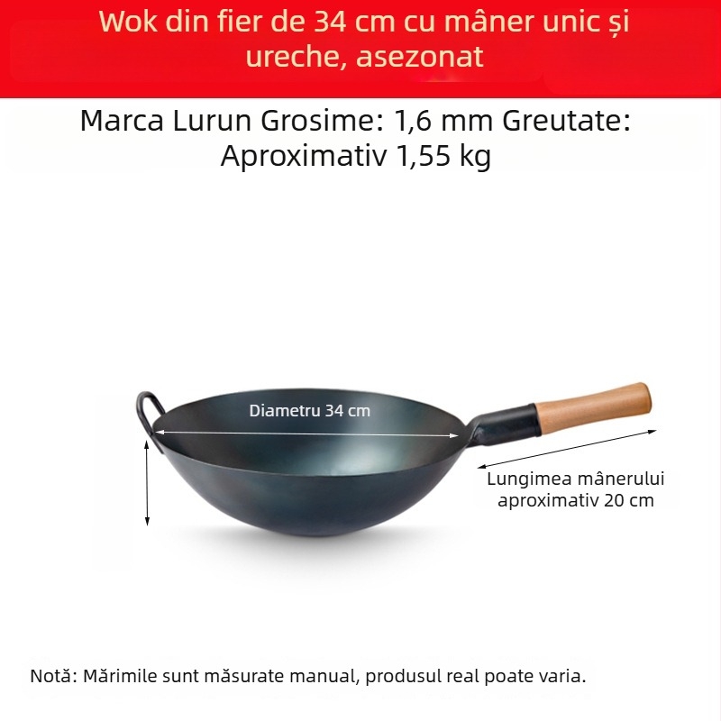 Lu Run wok din fontă, neacoperit, cu fund gros, bază mare, pentru bucătării comerciale