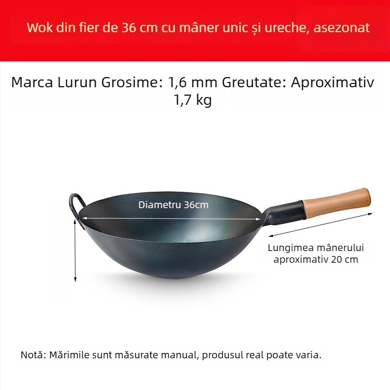 Lu Run wok din fontă, neacoperit, cu fund gros, bază mare, pentru bucătării comerciale