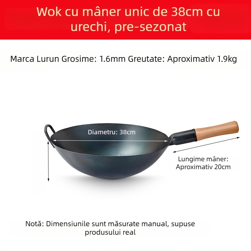 Lu Run wok din fontă, neacoperit, cu fund gros, bază mare, pentru bucătării comerciale