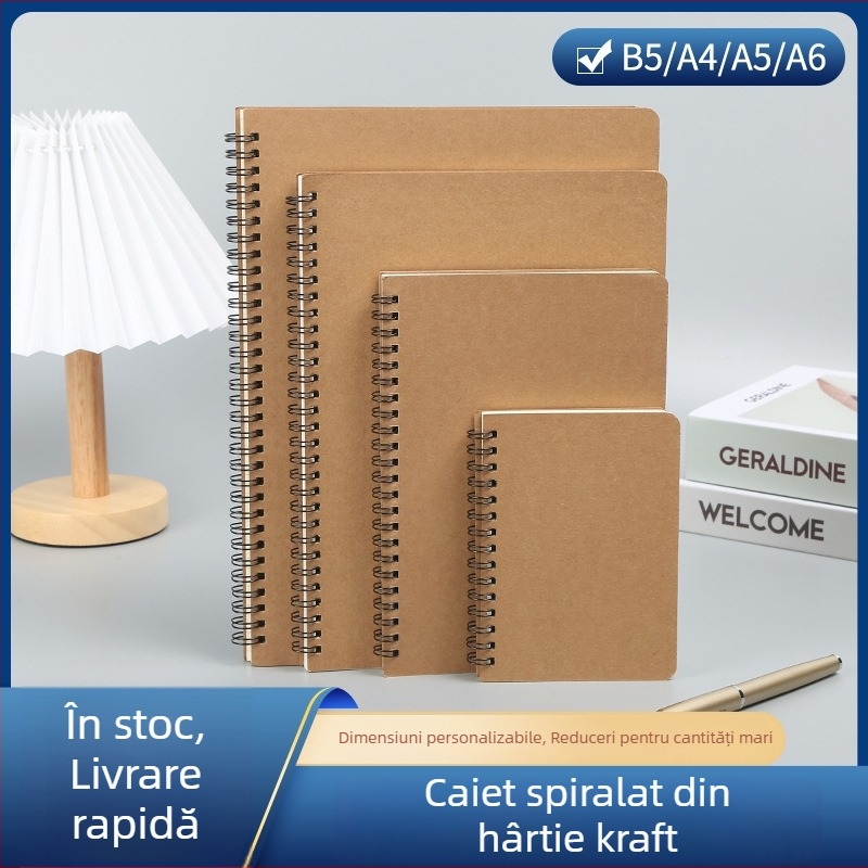 Caiet spiralat din hârtie Kraft, extra-large, personalizabil pentru elevi, cu linii orizontale și colecție de erori, pagini albe