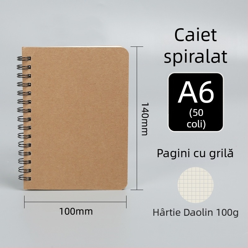 Caiet spiralat din hârtie Kraft, extra-large, personalizabil pentru elevi, cu linii orizontale și colecție de erori, pagini albe