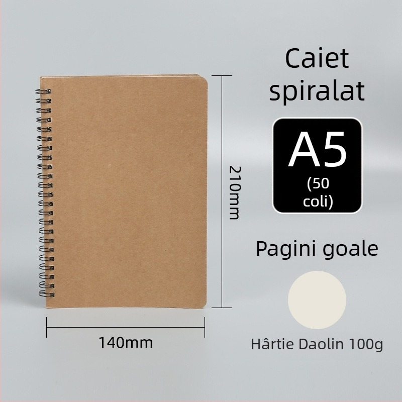 Caiet spiralat din hârtie Kraft, extra-large, personalizabil pentru elevi, cu linii orizontale și colecție de erori, pagini albe