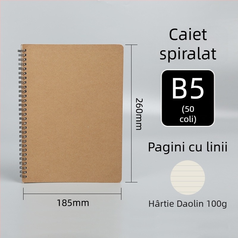 Caiet spiralat din hârtie Kraft, extra-large, personalizabil pentru elevi, cu linii orizontale și colecție de erori, pagini albe