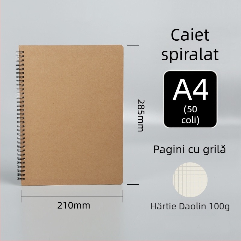 Caiet spiralat din hârtie Kraft, extra-large, personalizabil pentru elevi, cu linii orizontale și colecție de erori, pagini albe