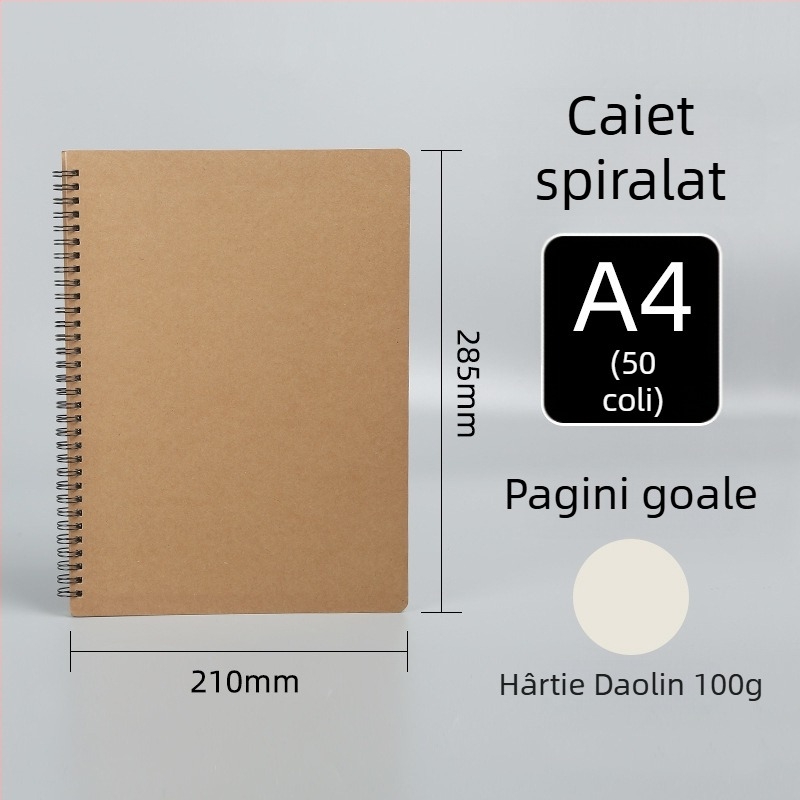 Caiet spiralat din hârtie Kraft, extra-large, personalizabil pentru elevi, cu linii orizontale și colecție de erori, pagini albe