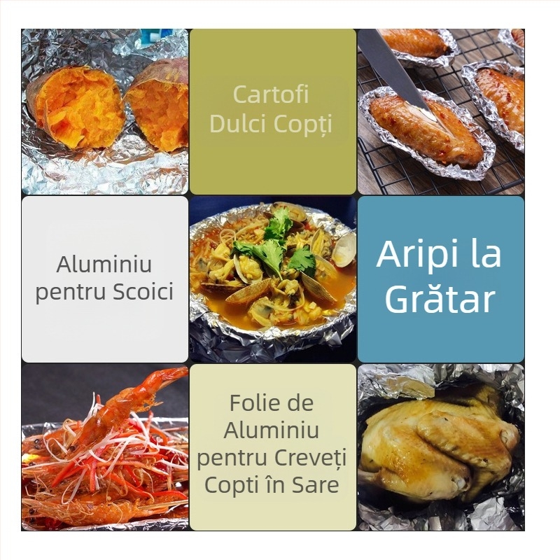Folie de aluminiu în rolă mare 613/615 pentru grătar și coacere, lățime 38/45 cm, grosime 15–30 mm, cu logo imprimat