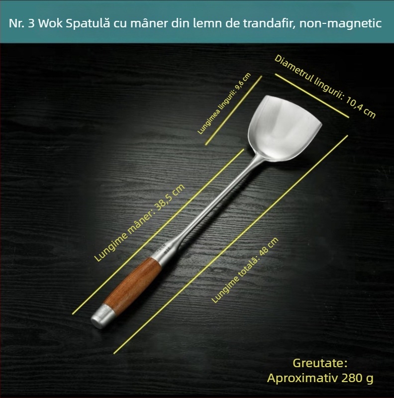 Lingură din oțel inoxidabil cu mâner din rosewood pentru prăjit și servire — mâner lung, lingură-spatulă multifuncțională pentru wok, supă și terci