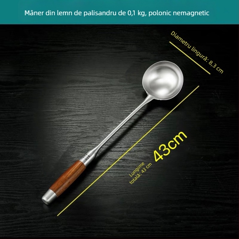 Lingură din oțel inoxidabil cu mâner din rosewood pentru prăjit și servire — mâner lung, lingură-spatulă multifuncțională pentru wok, supă și terci