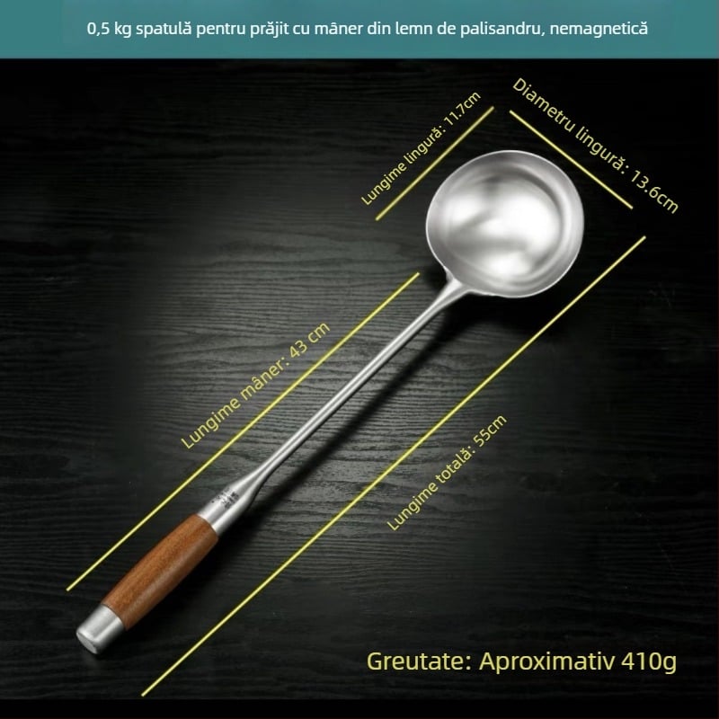 Lingură din oțel inoxidabil cu mâner din rosewood pentru prăjit și servire — mâner lung, lingură-spatulă multifuncțională pentru wok, supă și terci