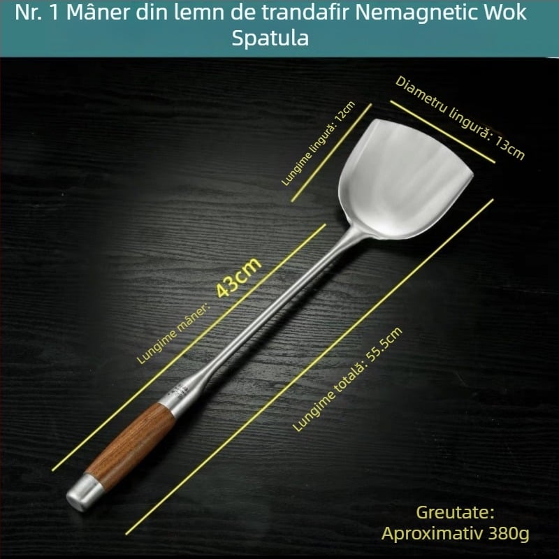 Lingură din oțel inoxidabil cu mâner din rosewood pentru prăjit și servire — mâner lung, lingură-spatulă multifuncțională pentru wok, supă și terci