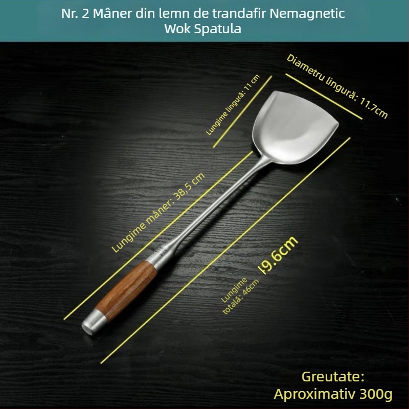 Lingură din oțel inoxidabil cu mâner din rosewood pentru prăjit și servire — mâner lung, lingură-spatulă multifuncțională pentru wok, supă și terci