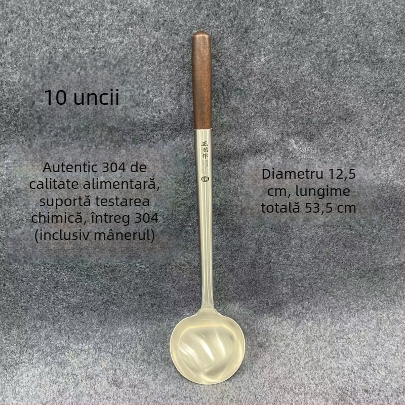 Lingură din oțel inoxidabil cu mâner din rosewood pentru prăjit și servire — mâner lung, lingură-spatulă multifuncțională pentru wok, supă și terci