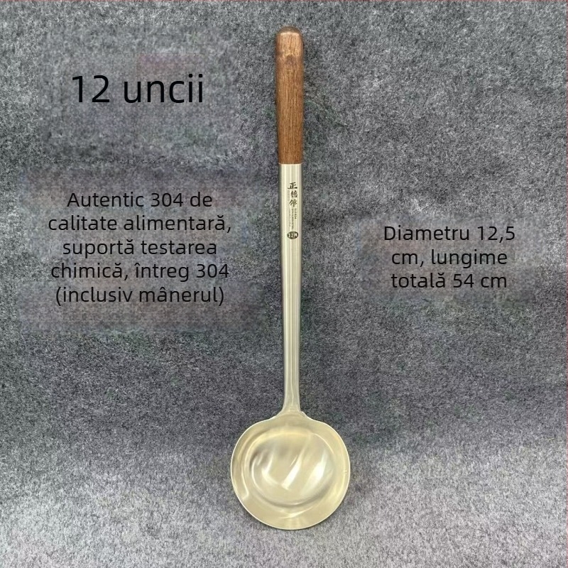 Lingură din oțel inoxidabil cu mâner din rosewood pentru prăjit și servire — mâner lung, lingură-spatulă multifuncțională pentru wok, supă și terci