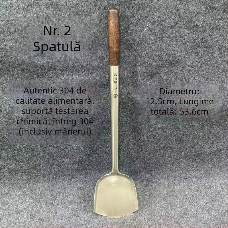 Lingură din oțel inoxidabil cu mâner din rosewood pentru prăjit și servire — mâner lung, lingură-spatulă multifuncțională pentru wok, supă și terci