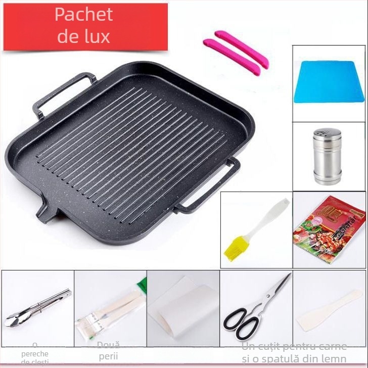 Tigaie grill electric în stil coreean cu piatră Maifan, neagră, antiaderentă, fără fum, pentru uz casnic Teppanyaki