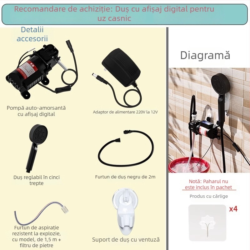 Pompa de duș auto-priming DC, corp ABS, pentru dormitoare rurale în aer liber și șantiere; include furtun metalic 2 m, conductă Ø10 mm 1,5 m, filtru cu piatră, clemă pentru țeavă și ventuză