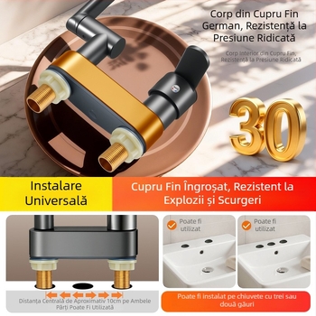 Robinet din cupru cu braț mecanic pentru chiuvetă, robinet cu două găuri, rotativ, pentru apă caldă/rece, baie – pisică norocoasă