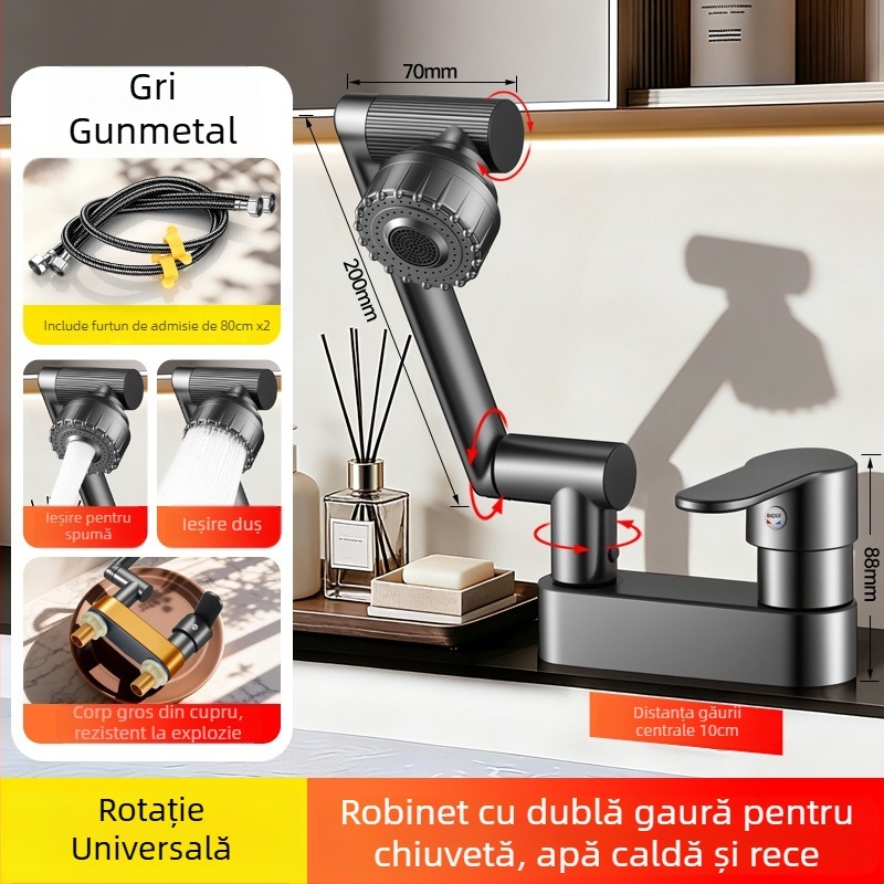 Robinet din cupru cu braț mecanic pentru chiuvetă, robinet cu două găuri, rotativ, pentru apă caldă/rece, baie – pisică norocoasă