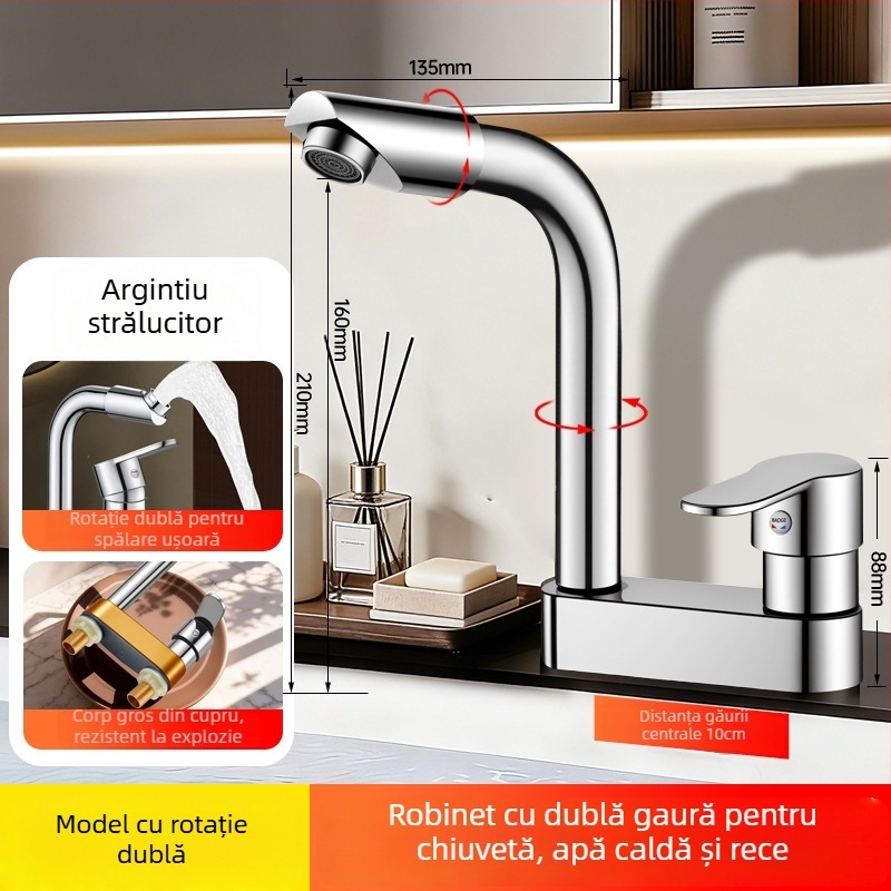 Robinet din cupru cu braț mecanic pentru chiuvetă, robinet cu două găuri, rotativ, pentru apă caldă/rece, baie – pisică norocoasă