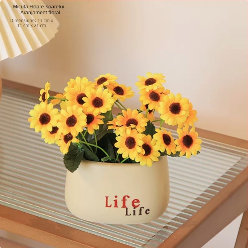 Floare artificială în ghiveci ceramic: floarea-soarelui și hortensie, plantă decorativă pentru living și birou