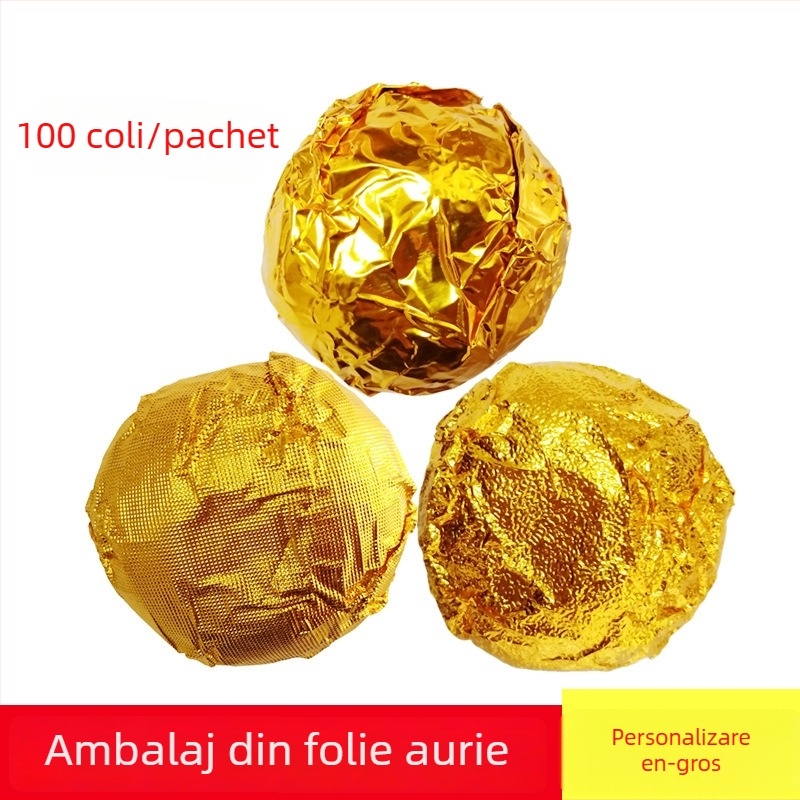 Hârtie de folie de aluminiu aurie pentru bomboane de ciocolată și bile cu susan, lucioasă, model cu carouri fine și textură de coajă de portocală