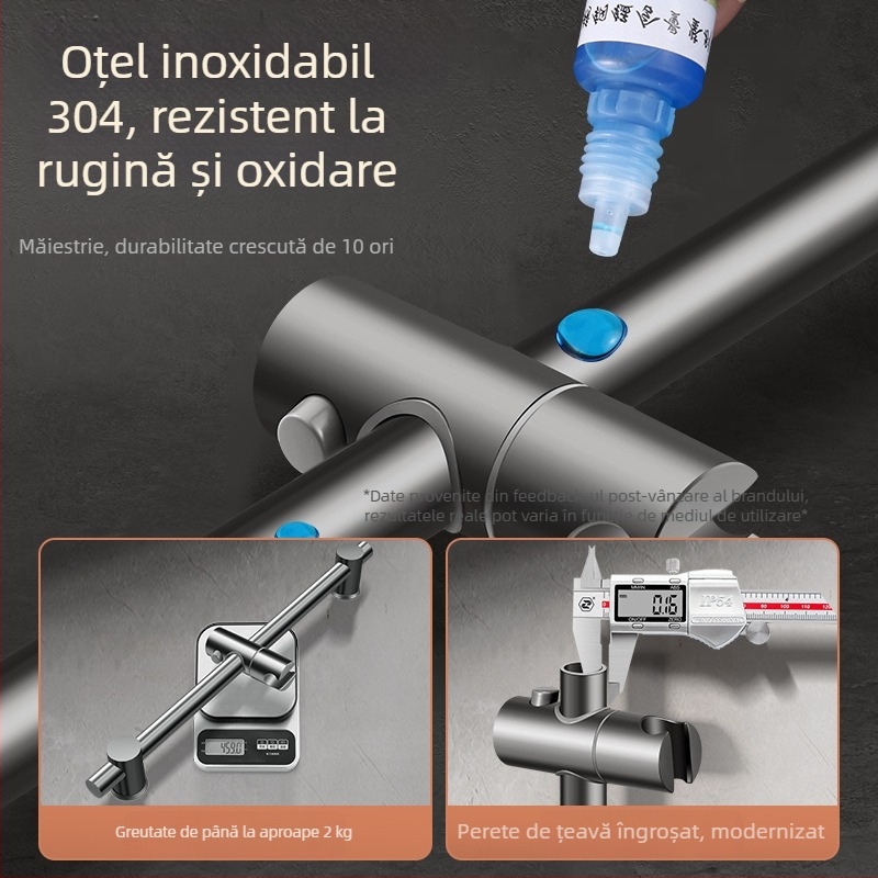 Set suport duș din oțel inoxidabil, tijă reglabilă, fără găurire, fără cuie, pentru capul de duș rotund