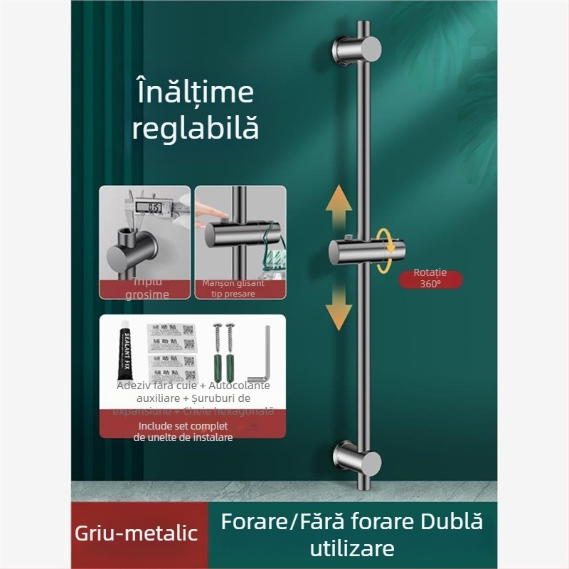 Set suport duș din oțel inoxidabil, tijă reglabilă, fără găurire, fără cuie, pentru capul de duș rotund