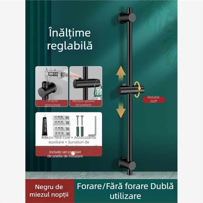 Set suport duș din oțel inoxidabil, tijă reglabilă, fără găurire, fără cuie, pentru capul de duș rotund