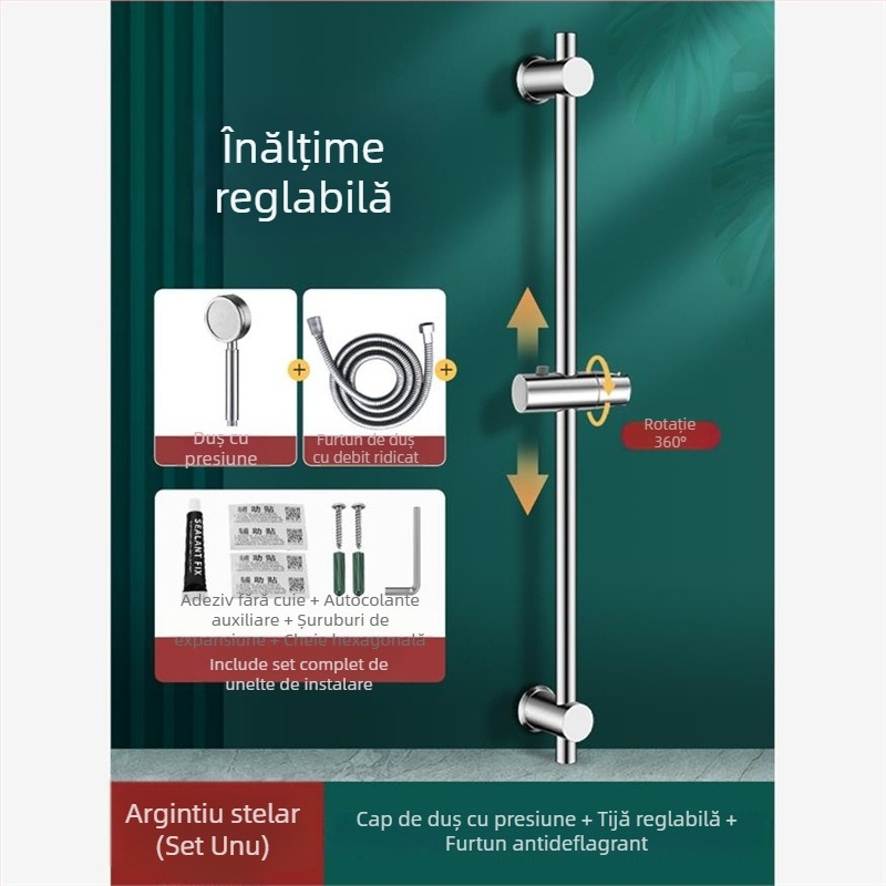 Set suport duș din oțel inoxidabil, tijă reglabilă, fără găurire, fără cuie, pentru capul de duș rotund