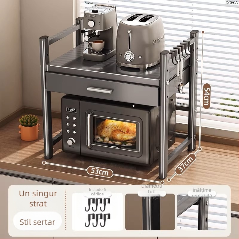Raft din oțel inoxidabil pentru cuptorul cu microunde, cu sertar — spațiu de depozitare multifuncțional pe blat, design modern minimalist