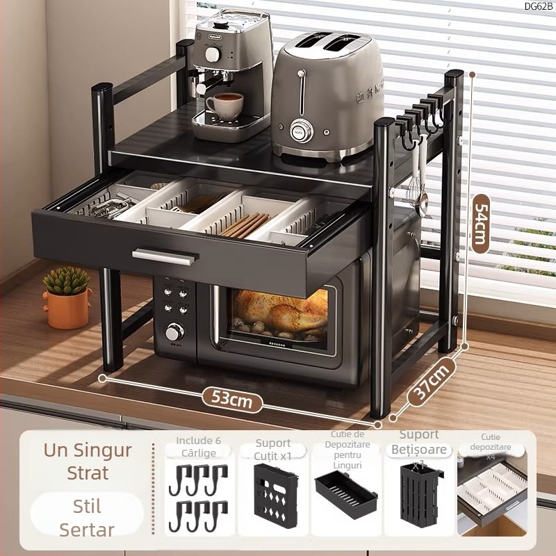 Raft din oțel inoxidabil pentru cuptorul cu microunde, cu sertar — spațiu de depozitare multifuncțional pe blat, design modern minimalist