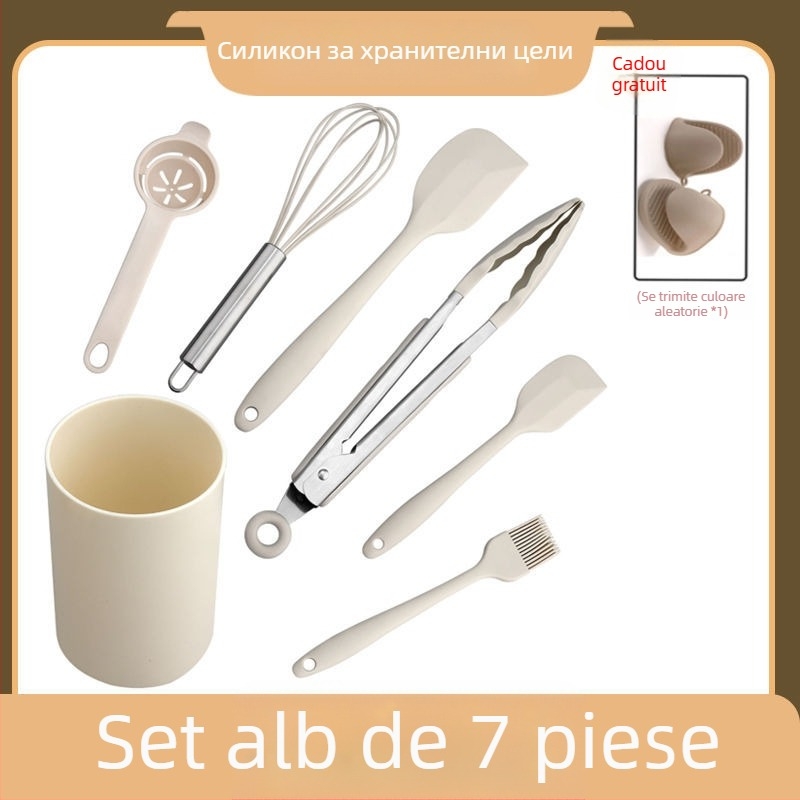 Set de 7 piese din silicon alimentar pentru coacere, rezistent la temperaturi înalte: spatulă, pensulă pentru uns, tel pentru ouă, clips pentru alimente, lingură de bucătărie