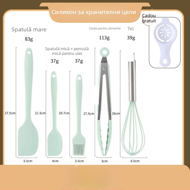 Set de 7 piese din silicon alimentar pentru coacere, rezistent la temperaturi înalte: spatulă, pensulă pentru uns, tel pentru ouă, clips pentru alimente, lingură de bucătărie