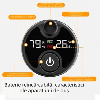 Duș electric portabil cu montaj pe perete și afișaj digital, pentru cămine, locuințe rurale și utilizări în exterior.