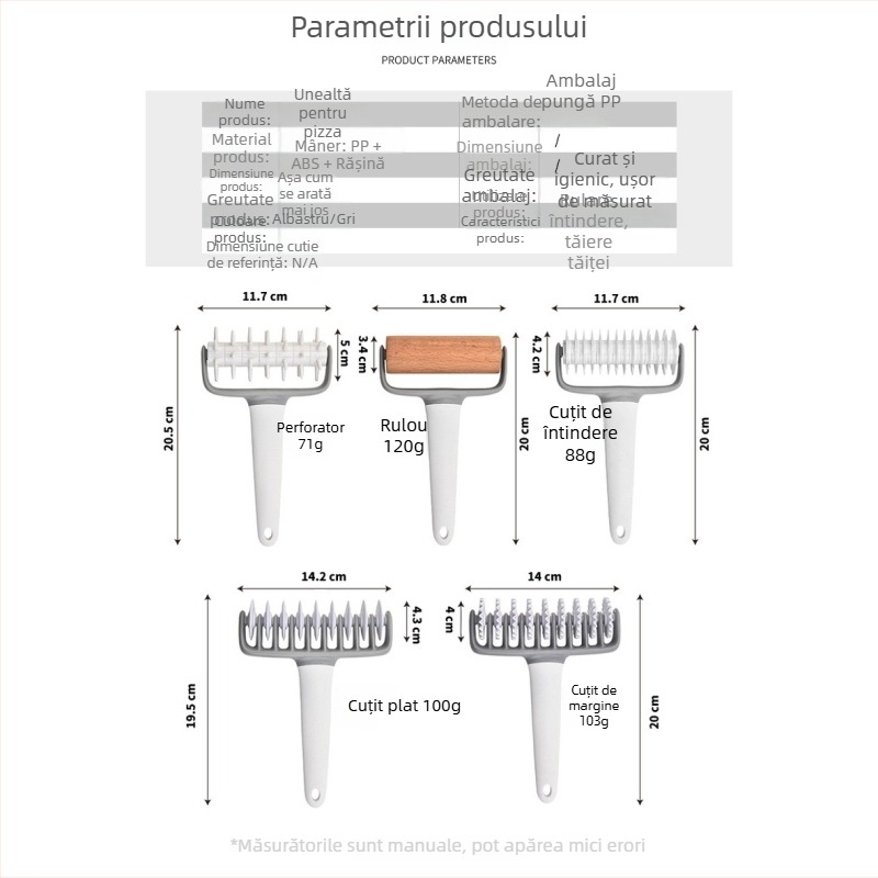 Set de unelte pentru patiserie: sucitor manual pentru întinderea aluatului, tăietor pentru fidea și unelte pentru pizza