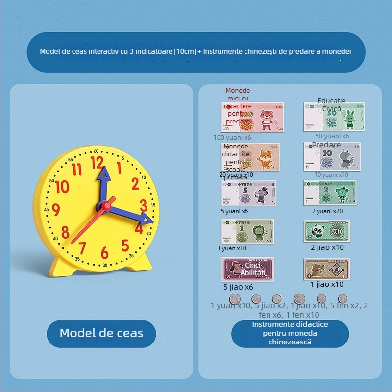 Model de ceas pentru școala primară, instrument esențial pentru învățarea citirii timpului pentru clasele I–II.
