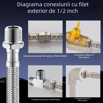 Țeavă flexibilă cu filet interior și exterior, țeavă împletită din oțel inoxidabil, intrare apă caldă și rece, țeavă ondulată din oțel inoxidabil