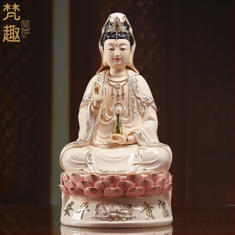 Statua Guanyin Bodhisattva zâmbindă, așezată pe un lotus, decor din porțelan pentru casă