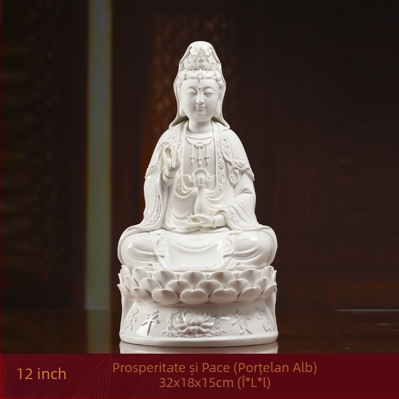Statua Guanyin Bodhisattva zâmbindă, așezată pe un lotus, decor din porțelan pentru casă