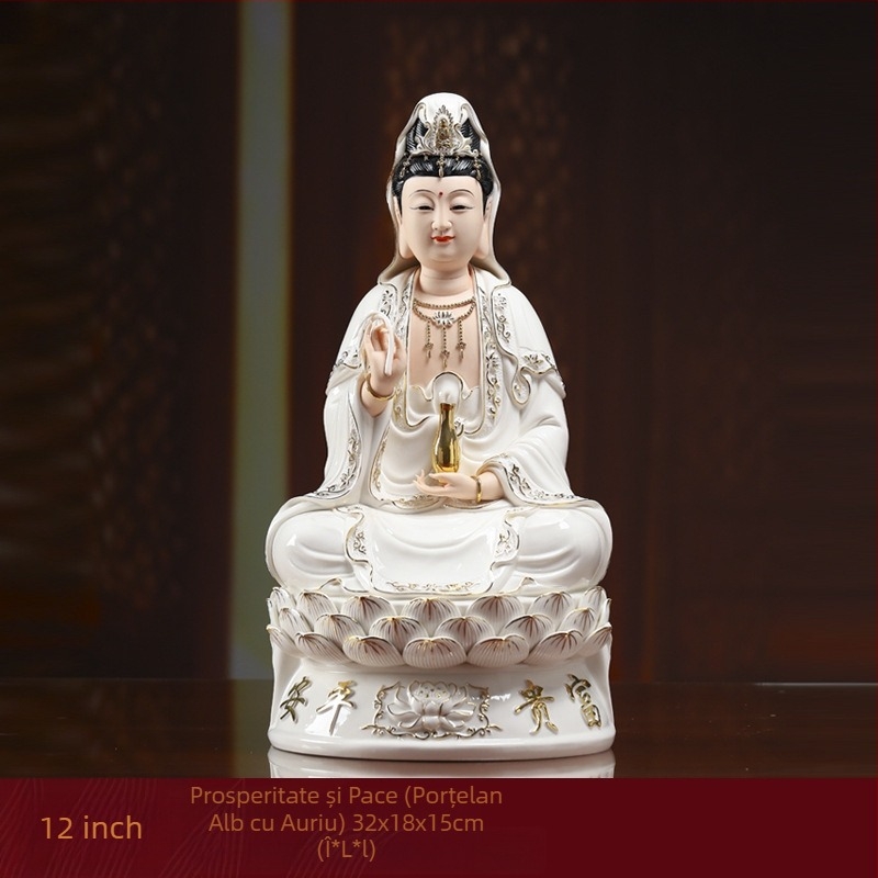 Statua Guanyin Bodhisattva zâmbindă, așezată pe un lotus, decor din porțelan pentru casă