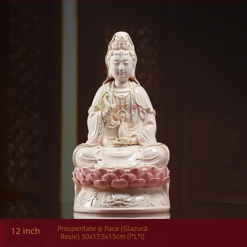 Statua Guanyin Bodhisattva zâmbindă, așezată pe un lotus, decor din porțelan pentru casă
