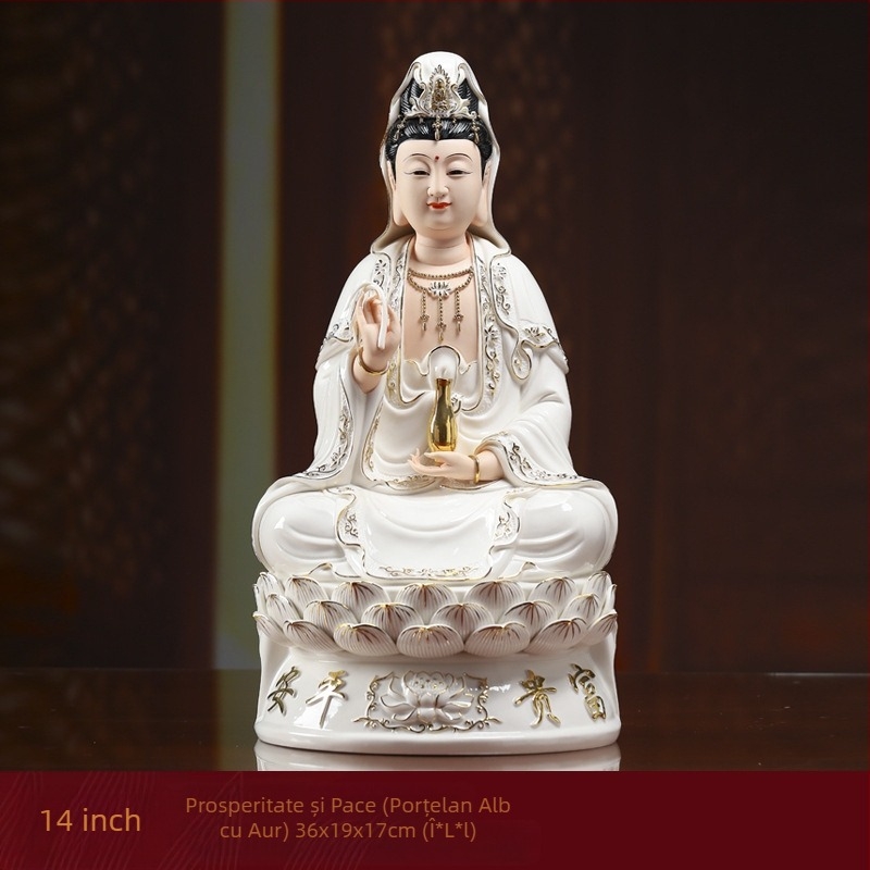 Statua Guanyin Bodhisattva zâmbindă, așezată pe un lotus, decor din porțelan pentru casă