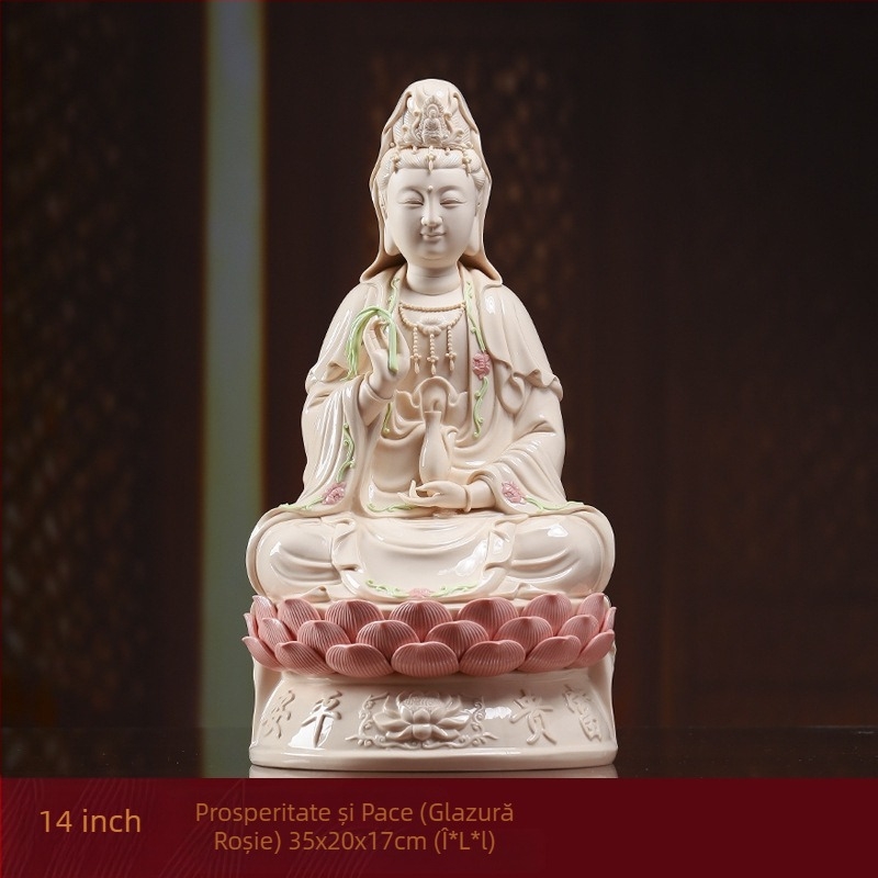 Statua Guanyin Bodhisattva zâmbindă, așezată pe un lotus, decor din porțelan pentru casă