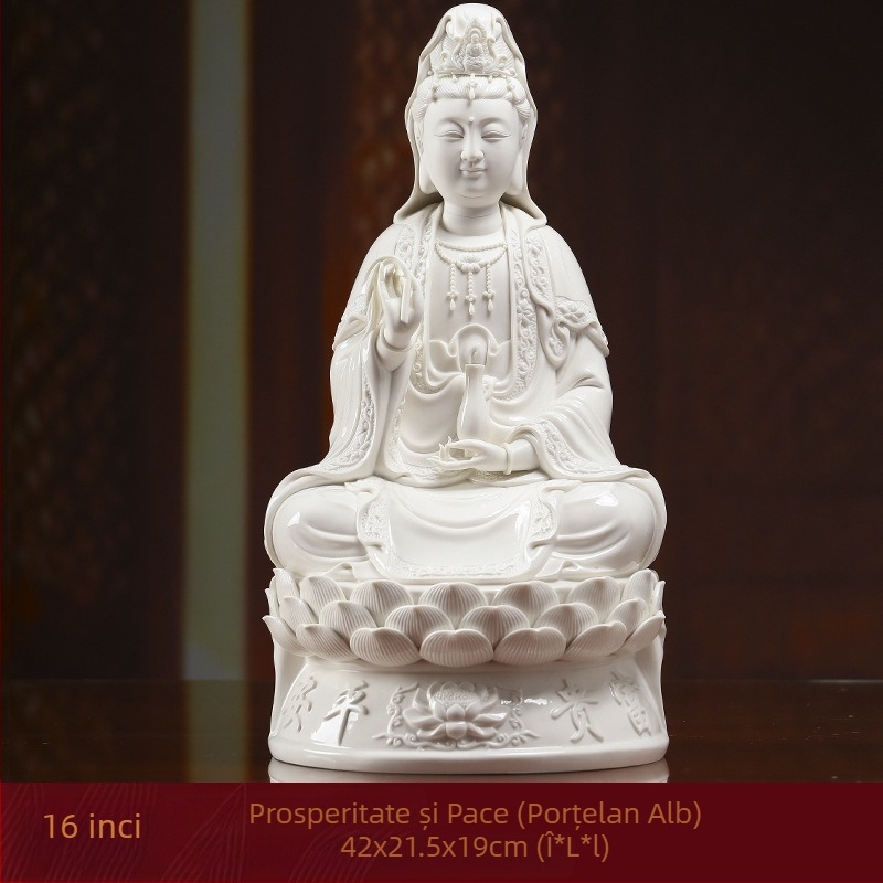 Statua Guanyin Bodhisattva zâmbindă, așezată pe un lotus, decor din porțelan pentru casă