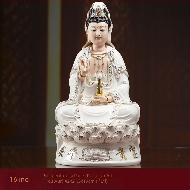 Statua Guanyin Bodhisattva zâmbindă, așezată pe un lotus, decor din porțelan pentru casă
