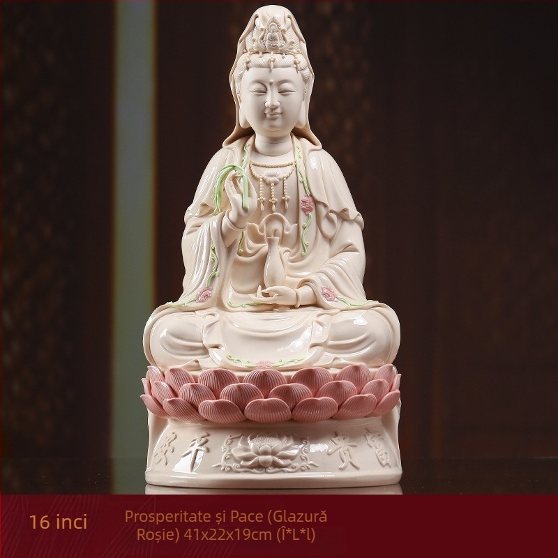 Statua Guanyin Bodhisattva zâmbindă, așezată pe un lotus, decor din porțelan pentru casă