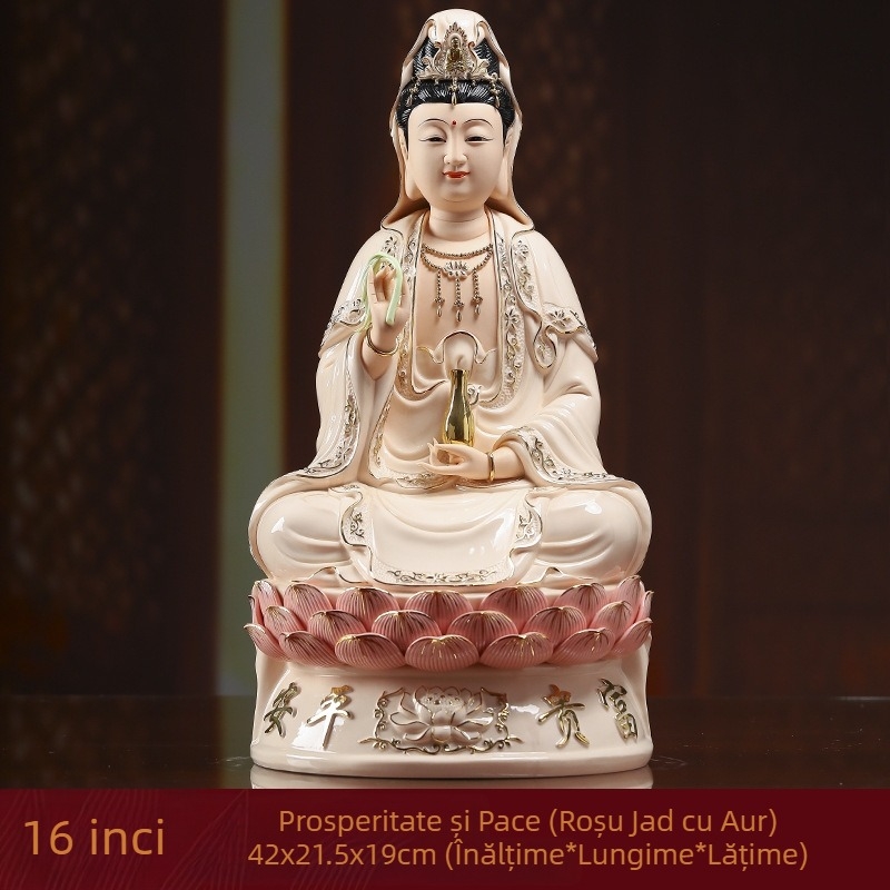 Statua Guanyin Bodhisattva zâmbindă, așezată pe un lotus, decor din porțelan pentru casă